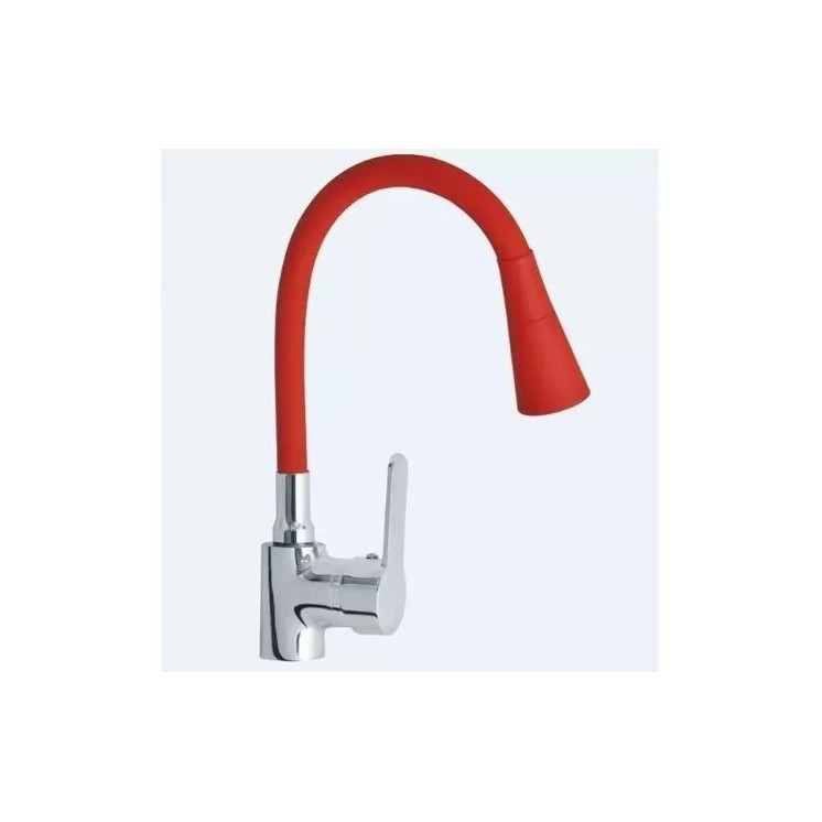 CANILLA MONOCOMANDO CROMADA CON PICO FLEXIBLE ROJO