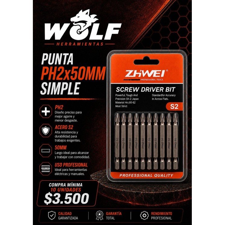 PUNTA PH2 SIMPLE (X10 PCS) LARGO: 50MM ZHIWEI